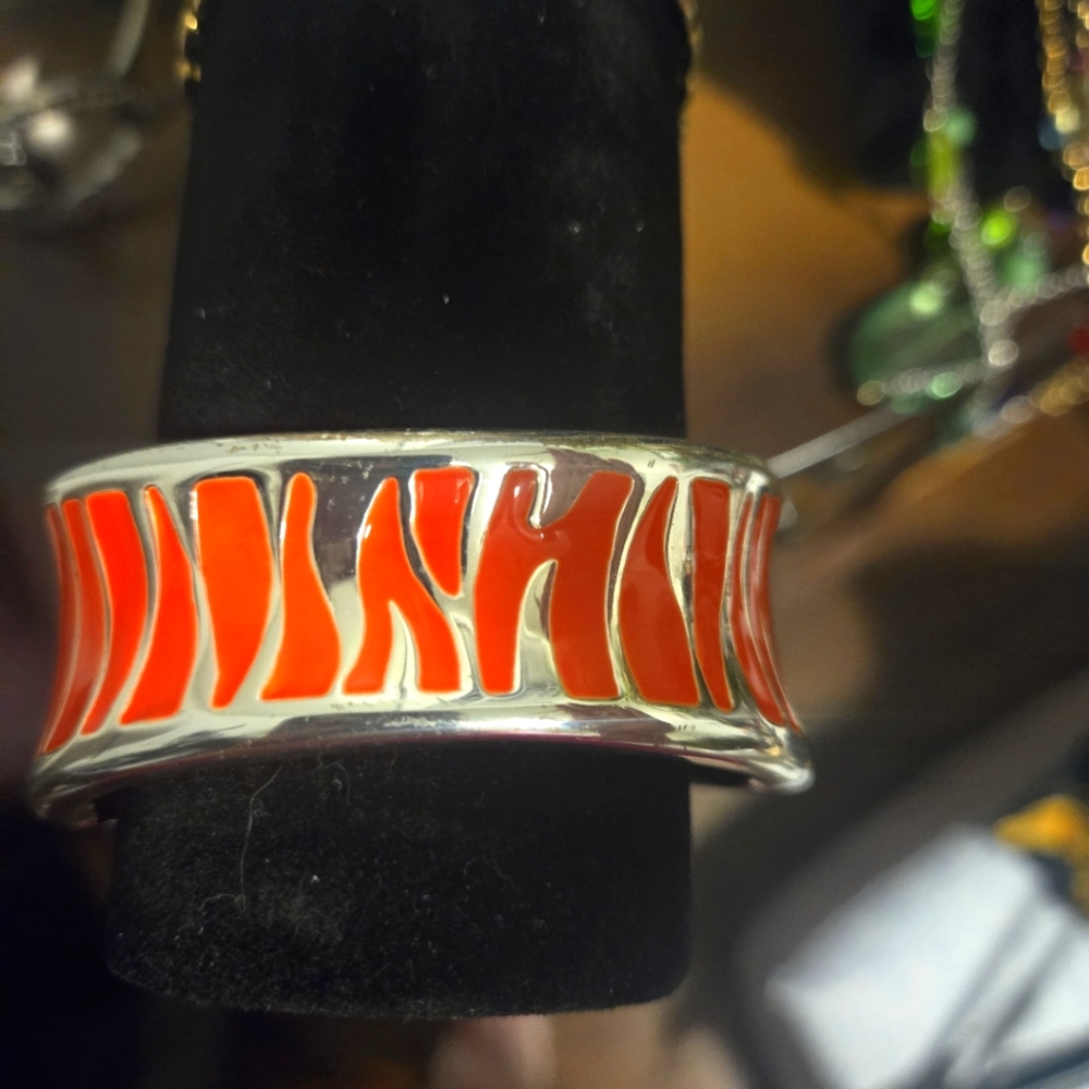 Clamper bracelet bangle tiger print neon orange silver tone